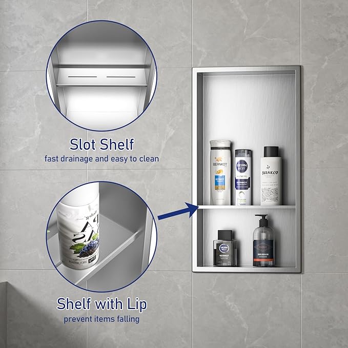 Stainless Steel Shower Niche 24" X 12" Brushed No Tile Needed Wall Niche with Double Shelves Recessed Shower Shelf for Bathroom Vertical Niches