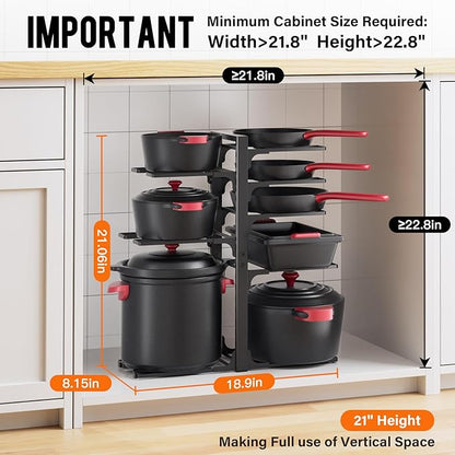 MUDEELA Pots and Pans Organizer under Cabinet, 21" Height Heavy Duty Adjustable Pot Pan Organizers inside Cabinet, 8-Tier Kitchen Cabinet Organizers and Storage for Big Stockpots, Heavy Cookware