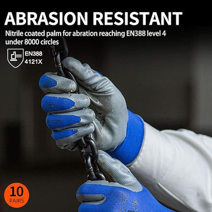 Vgo... 10-Pairs Safety Work Gloves, Gardening Gloves, Non-slip Nitrile coating, Dipping Gloves (Size L, Blue, NT2110)