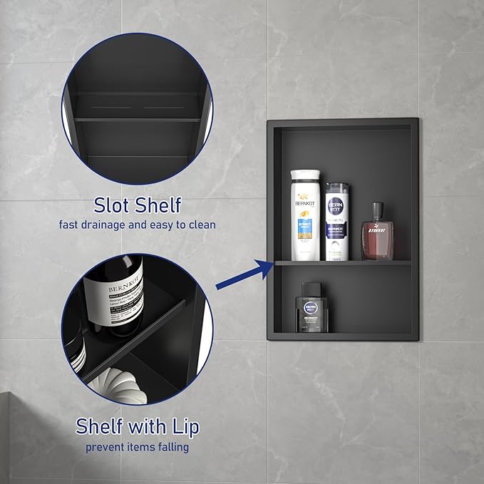 Stainless Steel Shower Niche 18" X 12" Matte Black No Tile Needed Niche for Shower Wall with Two-Tier Shelves Recessed Wall Niches for Bathroom Storage Over Mount Installation