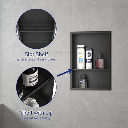 Stainless Steel Shower Niche 18" X 12" Matte Black No Tile Needed Niche for Shower Wall with Two-Tier Shelves Recessed Wall Niches for Bathroom Storage Over Mount Installation