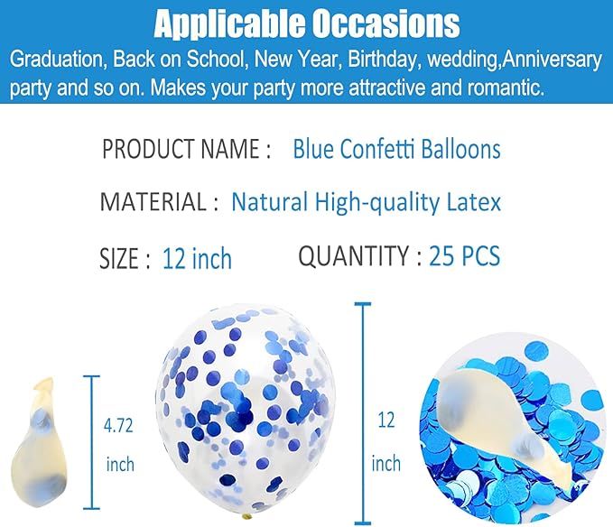 GaesQae Blue Confetti Balloons, 25pcs 12in Latex Balloons with Blue Foil Confetti for Birthday, Graduation, Wedding, Baby Shower, Party Decorations
