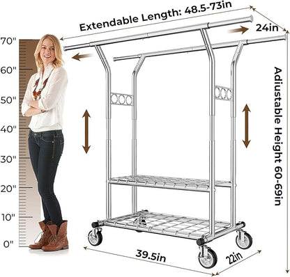 Heavy Duty Clothes Rack, Rolling Clothing Rack With Shelves Load 620 LBS, Double Rod Clothing Racks for Hanging Clothes , Portable& Adjustable Rack with Wheels Garment Rack (Large, Light Silver)