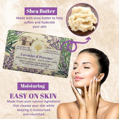 Wavertree & London Lavender Scented Natural Soap Bars (Pack of 2), 7oz Moisturizing French Triple Milled Soap Bars enriched with shea butter - Pure Plant Oil Bath & Body Bar for All Skin Types