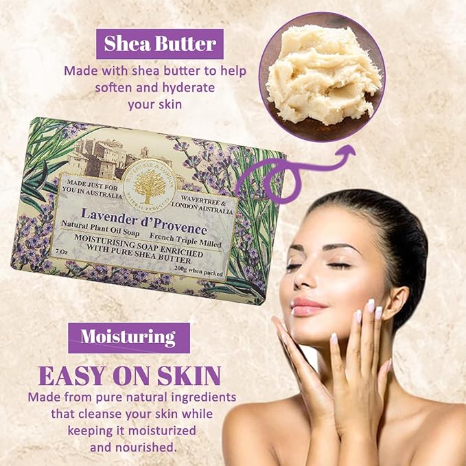 Wavertree & London Lavender D'Provence Scented Natural Soap (8 Bars), 7oz Moisturizing French Triple Milled Soap Bars enriched with shea butter - Pure Plant Oil Bath & Body Bars for All Skin Types