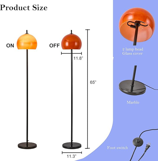 Mid Century Floor Lamp, Mushroom Retro Floor Lamp with Orange Bell Glass Shade and Black Marble Base, Modern Standing Tall Lamp for Living Room, Bedroom, Home Office Deco