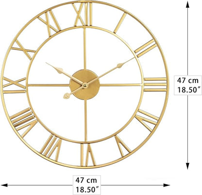 LEIKE Large Modern Wall Clocks,18" Gold Metal,Rustic,Round,Silent Non Ticking,Battery Operated Roman Numerals Clock for Living Room/Bedroom/Kitchen Wall Decor-(Gold, 47cm)