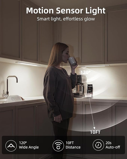 EZVALO Under Cabinet Lighting, 2200mAh Rechargeable Battery, 76 LEDs Dimmable Closet Lights, 3 Color Temps, Motion Sensor Light Indoor for Kitchen, Wardrobe