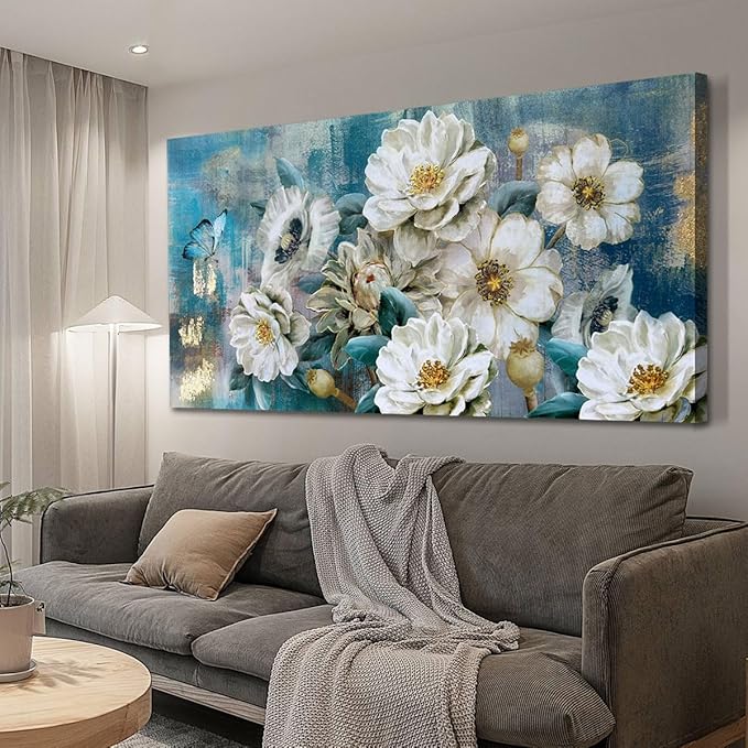 Arjun Big Size Flowers Canvas Wall Art for Bedroom, White Elegant Teal Picture, Textured Floral Magnolia Painting Living Room Wall Decor Turquoise Large Artwork Dining Room Home Office 58"x29"