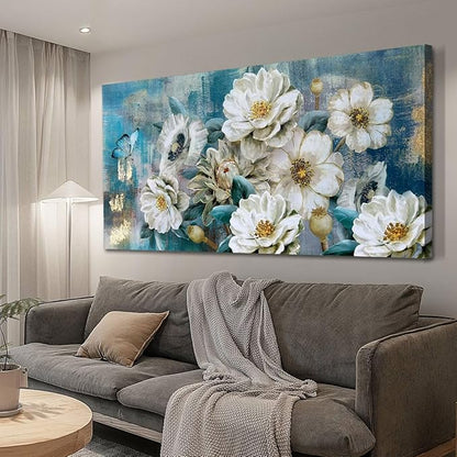 Arjun Big Size Flowers Canvas Wall Art for Bedroom, White Elegant Teal Picture, Textured Floral Magnolia Painting Living Room Wall Decor Turquoise Large Artwork Dining Room Home Office 58"x29"