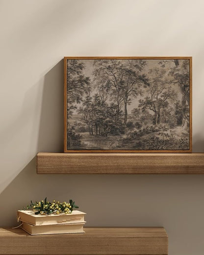 InSimSea Framed Canvas Wall Art, Vintage Wall Decor, Antique Watercolor Country Landscape Painting for Living Room, Bedroom Moody Black Sketch Retro Woodland Prints Pictures Decorations,12x16inch