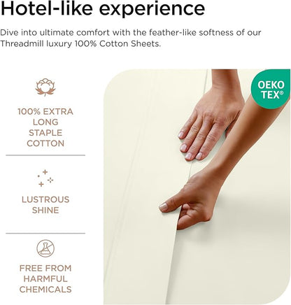 Threadmill 100% Cotton Sheets for Full Size Bed - 600 Thread Count Full Bed Sheets Set with 16” Deep Pocket - Sateen Weave 4-Piece Bedding Set with Cooling Effect, Ivory