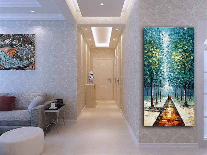 Alenoss Hand Painted 3D Abstract Oil Paintings on Canvas 24x48 Inches Large Modern Forest Landscape Vertical Blue Canvas Wall Art Framed Artwork for Living room Bedroom Tree Art Decor
