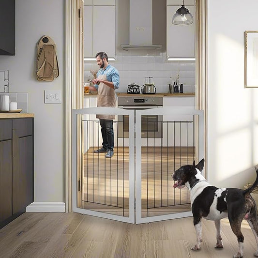 ZJSF Freestanding Foldable Dog Gate for House Extra Wide Wooden Indoor Puppy Gate Stairs Doorways Pet Gate Tall Dog Fence 2 Panels Fence Grey