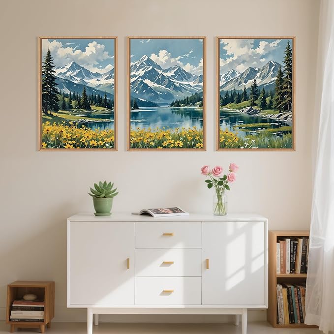 Large Nature Mountain Wildflower Framed Canvas Wall Art,Pine Tree Woodland Wall Decor,Forest Floral Lake Wall Painting,Scenery Artwork for Living Room,Bedroom,Dining Room,Office -16"x24"x3
