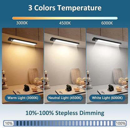 Ascher 15.2inch Under Cabinet Lights, 3000mAh Rechargeable Motion Sensor Light Indoor, 3 Color Temperatures & Stepless Dimmable Closet Lights, Magnetic Under Counter Light for Kitchen, Black - 2 Pack