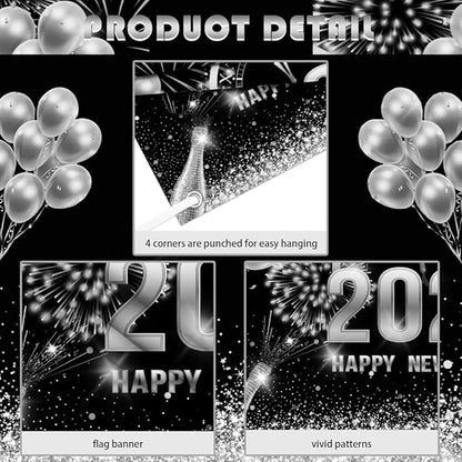 MEHOFOND 8x6ft Black and Silver 2026 Happy New Year Backdrop Hello 2026 New Year Eve Party Photography Background Champagne Balloon Fireworks Glitter Dots Cheers to 2026 Decor Banner Photo Booth Props