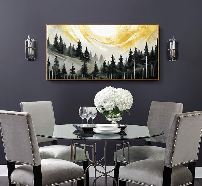 ARTZON Large Framed Canvas Art Wall Decor for Living Room Modern Black Yellow Gray Tree Picture Nature Lanscape Sunset Scenery Pin Forest Horizontal Artwork for Walls Home Living Room Bedroom 48"x24"