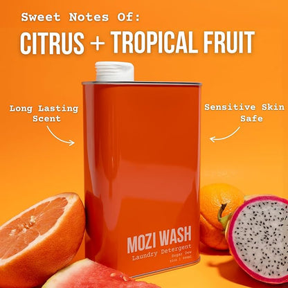 Mozi Wash Laundry Detergent Liquid, Sugar Dew- Citrus & Hibiscus, 50+ Loads, Non toxic, Plant Based Enzyme Cleaners, Phosphate & Paraben Free, Long Lasting Luxury Clean, 32 oz Recyclable Bottle