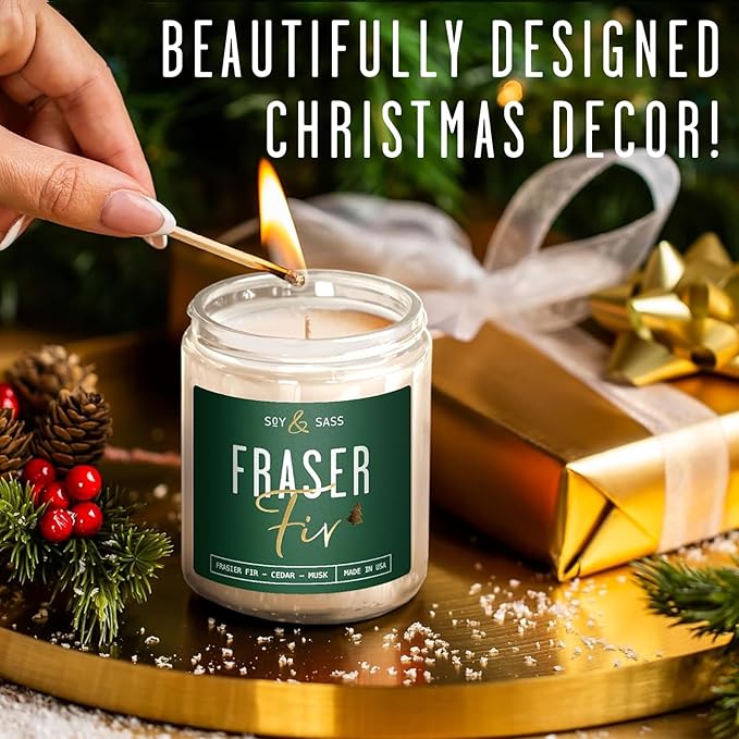 Fraser Fir Candles - Christmas Candles - 'Fraser Fir' w/Balsam Fir Cedar & Sandalwood Evergreen Tree Scent I Winter Evergreen Candle I Stocking Stuffers for Women I 9oz, 50Hr, USA Made