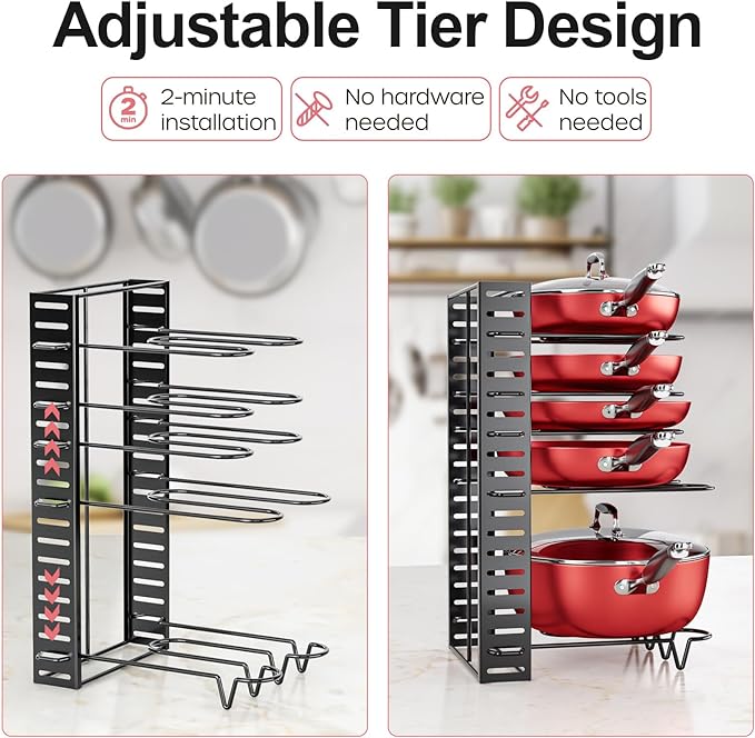 MUDEELA Pots and Pans Organizer Rack under Cabinet, 8-Tier Kitchen Organizers and Storage Pot Racks, Adjustable Pot Organizers inside Cabinet with 3 DIY Methods