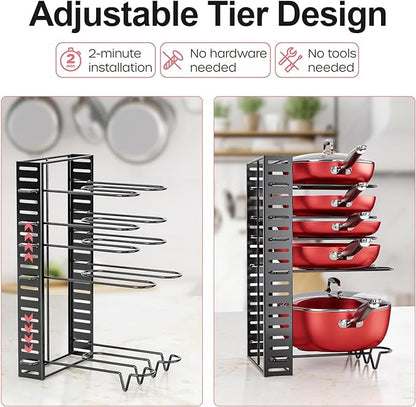 MUDEELA Pots and Pans Organizer Rack under Cabinet, 8-Tier Kitchen Organizers and Storage Pot Racks, Adjustable Pot Organizers inside Cabinet with 3 DIY Methods