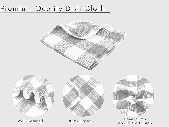 Waffle Weave Plaid Dish Cloths, 100% Cotton - 12 x 12 Inches, Ultra Soft Absorbent Quick Drying Dish Towels Buffalo Check Dish Rags for Kitchen, 8 Pack - Fall Thanksgiving - Grey & White