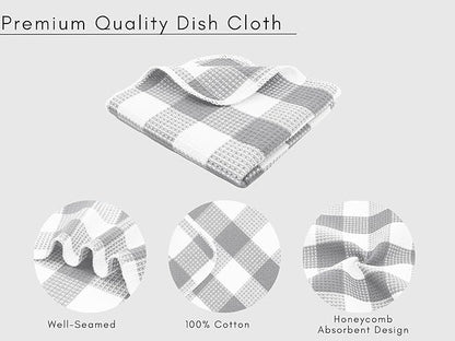 Waffle Weave Plaid Dish Cloths, 100% Cotton - 12 x 12 Inches, Ultra Soft Absorbent Quick Drying Dish Towels Buffalo Check Dish Rags for Kitchen, 8 Pack - Fall Thanksgiving - Grey & White