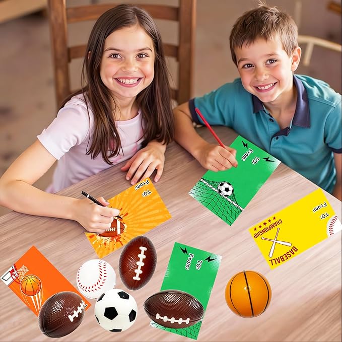 24 Pack Sports Stress Balls Valentines Day Cards For Kids School Classroom Exchange Valentine Day Gift Football Soccer Baseball Basketball Party Favors Supplies For Boys Girls Valentine Exchange Cards