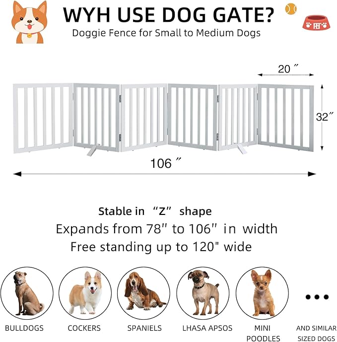 Dog Gate Indoor, Freestanding Dog Fence for The House, Doorways, Hallways,or Stairs,Pet Gate Foldable Wooden,Expandable 32" Height 6 Panels,White