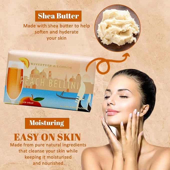 Wavertree & London Peach Bellini Scented Natural Soap (8 Bars), 7oz Moisturizing French Triple Milled Soap Bars enriched with shea butter - Pure Plant Oil Bath & Body Bars for All Skin Types
