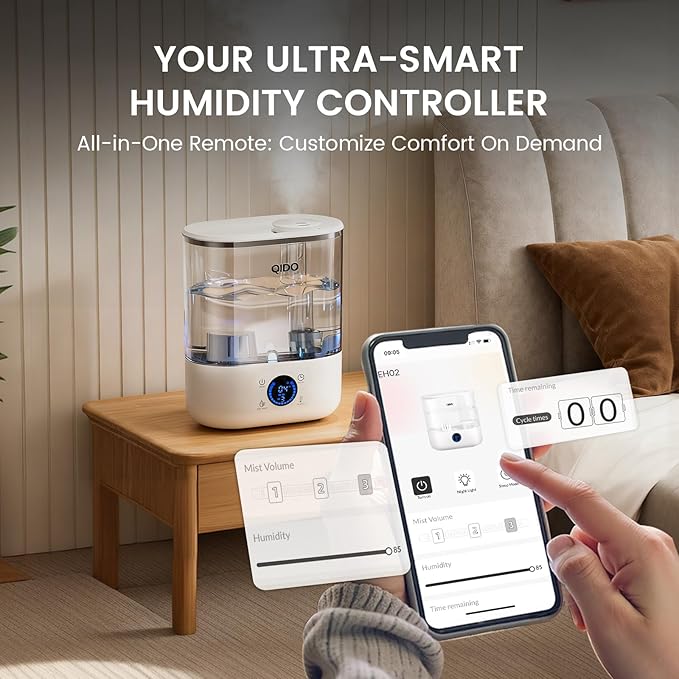 GTPLAYER Smart Humidifiers for Bedroom, 5L Top Fill Supersized Humidifier Essential Oil Diffuser for Baby & Plants, 3 adjustable Mist with 28dB Quiet, Touch/APP/7-color Nightlight, 36H Runtime, White