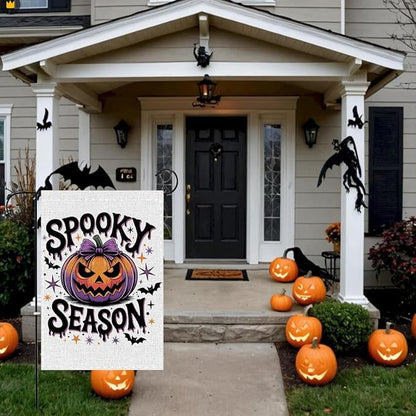 Fokongna Spooky Season Garden Flag, Halloween Scary Pumpkin Bat Decor Flag, 12x18 Inch Burlap Vertical Double Sided Flags, for Home Yard Outside Decorations