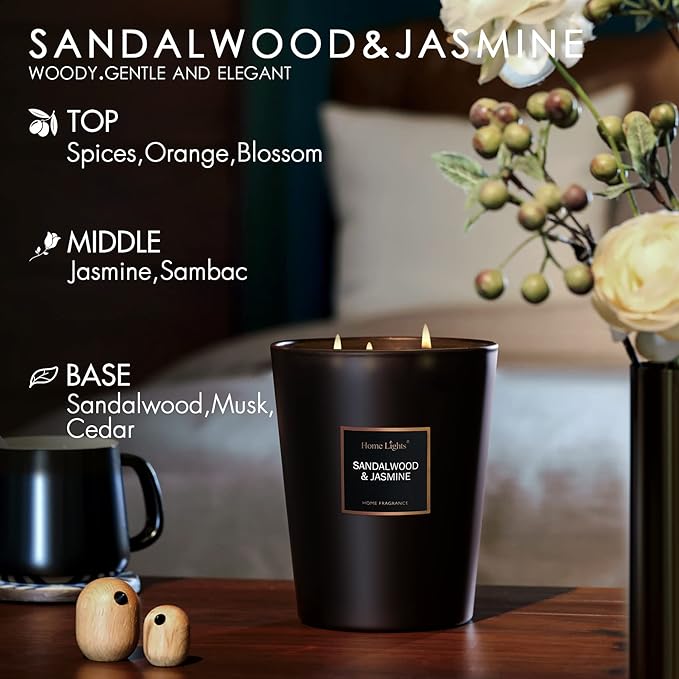 HomeLights Scented Candles | Large Jar 33.3 Oz Natural Soy Candle | 130 hrs with 3 Cotton Wicks, Sandalwood Jasmine Home Fragrance Candles Gift