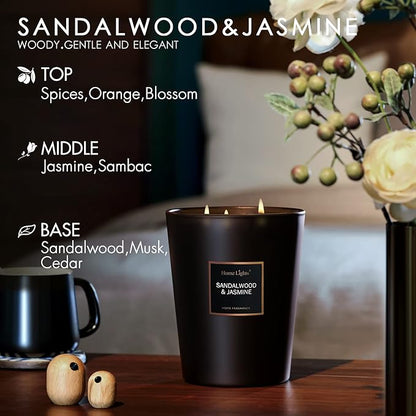 HomeLights Scented Candles | Large Jar 33.3 Oz Natural Soy Candle | 130 hrs with 3 Cotton Wicks, Sandalwood Jasmine Home Fragrance Candles Gift