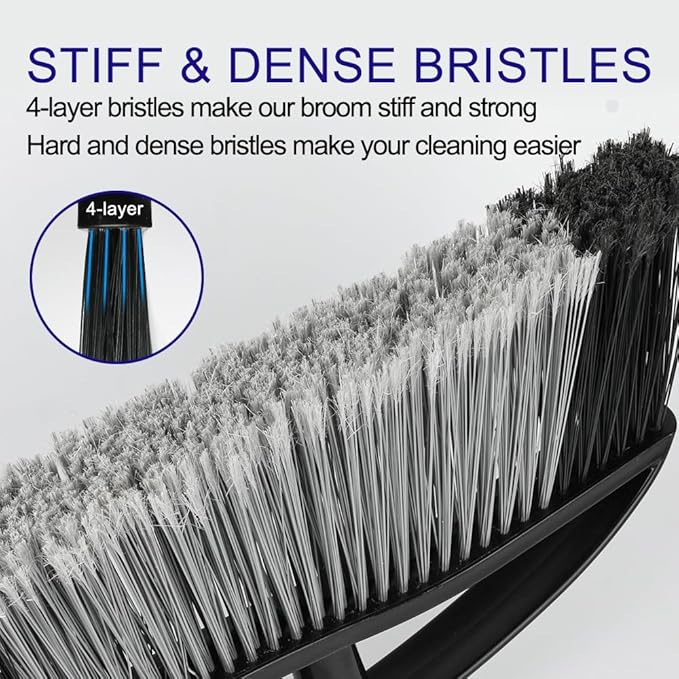 15.7" Wide Angle Heavy Duty Broom, All-Surface Outdoor Sweeper with Long Handle & Stiff Bristles for Patio, Garage, Yard (Black)