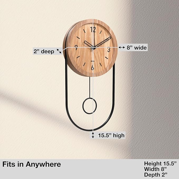 Driini Decorative Wall Clock with Pendulum (Light) – Modern Wood; 3D Black Numbers; Metal Frame – Small, Unique Wall Clocks for Living Room Decor or Bathroom - Battery Operated, Silent, Non-Ticking