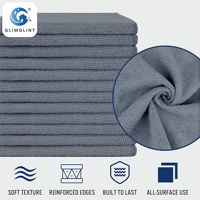 GLIMGLINT Grey Microfiber Cleaning Cloth, 12 Pack Cleaning Towels for Kitchen, Lint Free, Scratch-Free, Highly Absorbent, and Reusable Cleaning Rags for House, Window and Glass, Cars, 14"X12"