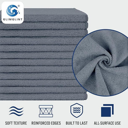 GLIMGLINT Grey Microfiber Cleaning Cloth, 12 Pack Cleaning Towels for Kitchen, Lint Free, Scratch-Free, Highly Absorbent, and Reusable Cleaning Rags for House, Window and Glass, Cars, 14"X12"