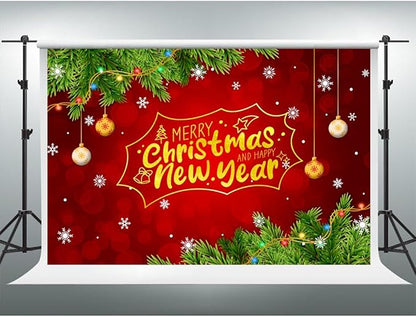 YongFoto Merry Christmas Backdrop 8x6.5ft Snowflakes Christmas Tree Red Green Photography Background Happy New Year Xmas Eve Family Party Banner Room Decorations Photoshoot Wallpaper Photo Booth