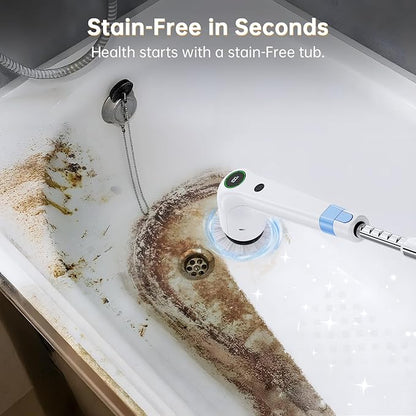 Electric Spin Scrubber, Cordless Shower Scrubber with 8 Scrub Brush, 2 Speed with Adjustable Extension Handle, Battery Level Display, Power Scrubber for Bathroom Bathtub Tile Floor, White