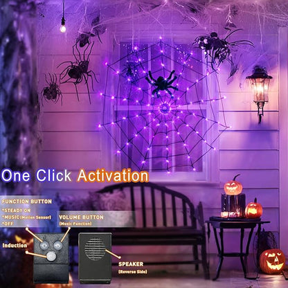 Vanthylit Halloween Decorations, Spider Web Lights Motion-Activated Sensor, 4FT 84LED Light Up Spider Web with Black Spider, Halloween Lights for Window Indoor Outdoor Horror Decor(Orange & Purple)