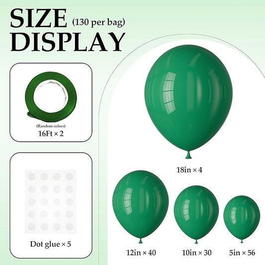 130PCS Dark Green Balloons, Latex Balloon Different Sizes 18/12/10/5 Inch, Helium Balloons with Ribbon, Party Balloon Set for Birthday Wedding Graduation Anniversary Baby Shower Decoration