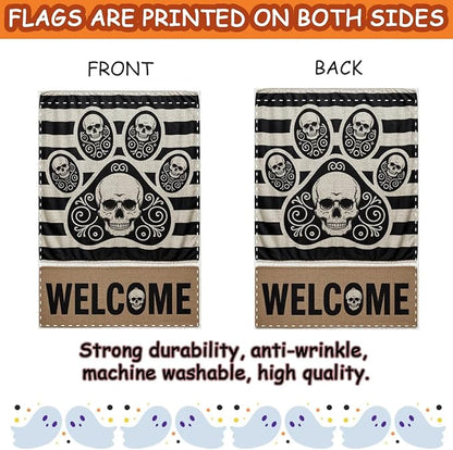 Fokongna Halloween Welcome Garden Flag, Dog Paw Print Skeleton Halloween Decor Garden Flag, 12x18 Inch Burlap Vertical Double Sided Flags, for Home Yard Outside Decorations