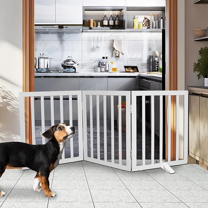 Dog Gate Indoor, Freestanding Dog Fence for The House, Doorways, Hallways,or Stairs,Pet Gate Foldable Wooden,Expandable 24" Height 3 Panels,Grey