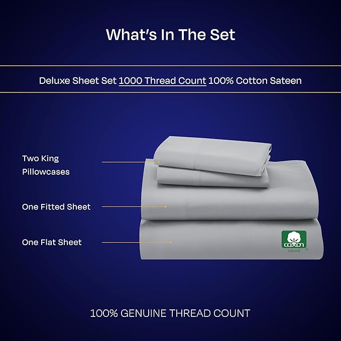 California Design Den Deep Pocket King Sheet Set - Luxury 1000 Thread Count Sateen, Thick and Natural 100% Cotton Cooling Sheets, Soft, Breathable and Durable Bedding Set - Light Grey