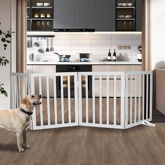 Dog Gate Indoor, Freestanding Dog Fence for The House, Doorways, Hallways,or Stairs,Pet Gate Foldable Wooden,Expandable 24" Height 4 Panels,Grey