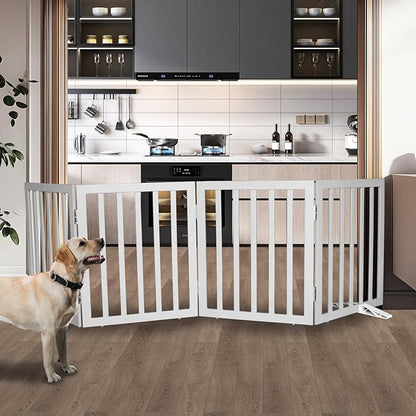 Dog Gate Indoor, Freestanding Dog Fence for The House, Doorways, Hallways,or Stairs,Pet Gate Foldable Wooden,Expandable 24" Height 4 Panels,Grey