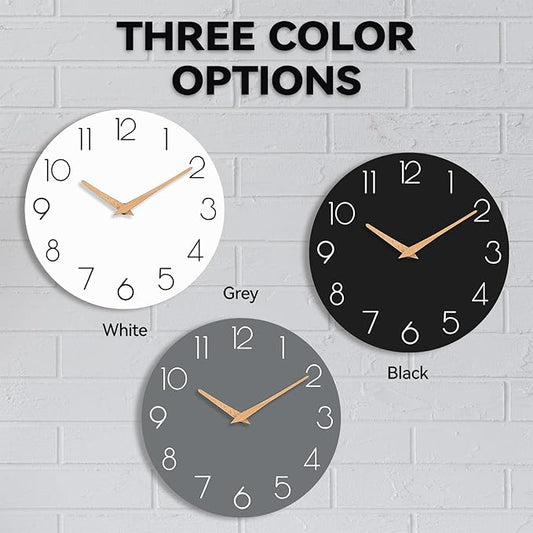 Wall Clock, 12 Inch Wooden Silent Non-Ticking, Decorative Battery Operated Wall Clocks for Bedroom, Kitchen, Home, Living Room, Office, School, Hotel (Black)
