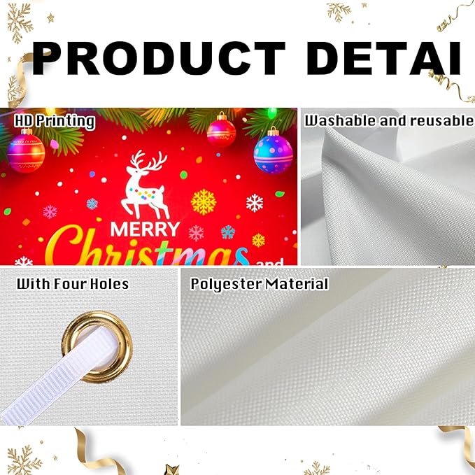 Nuxovilar Happy New Year & Christmas Banner, Twinkling Lights Fusion Backdrop for Holiday Party Decorations, 71x43 Inch